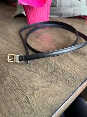 Black Skinny Leather Belt with Gold Buckle